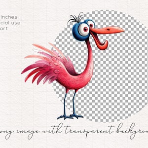 May include: A cartoon illustration of a pink bird with blue eyes and a long neck. The bird has a surprised expression and is looking to the right. The background is transparent.