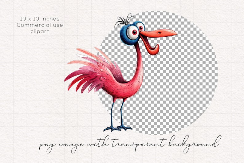May include: A cartoon illustration of a pink bird with blue eyes and a long neck. The bird has a surprised expression and is looking to the right. The background is transparent.
