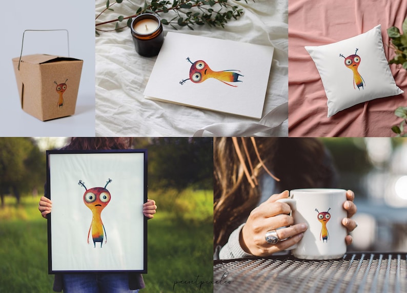 Puede incluir: Un conjunto de productos con una ilustraci&oacute;n de dibujos animados de un extraterrestre colorido, naranja, amarillo y rojo con ojos grandes. Los productos incluyen una taza, una almohada, una impresi&oacute;n enmarcada y un contenedor para llevar.