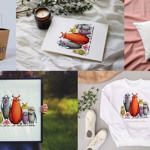 May include: A set of colorful, cartoon-style monster illustrations. The monsters are standing in a line, with the largest monster in the center. The monsters are all wearing different hats and have different expressions. The illustration is available on a variety of products, including a tote bag, a pillow, a t-shirt, and a mug.