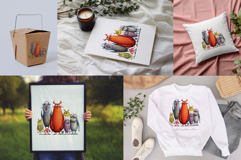 May include: A set of colorful, cartoon-style monster illustrations. The monsters are standing in a line, with the largest monster in the center. The monsters are all wearing different hats and have different expressions. The illustration is available on a variety of products, including a tote bag, a pillow, a t-shirt, and a mug.