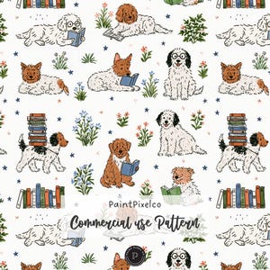 Op de afbeelding: Een herhalend patroon op een witte achtergrond met illustraties van verschillende honden die boeken lezen, stapels boeken en kleine bloemtakjes. De tekst PaintPixelco Commercial use Pattern staat in het midden van de afbeelding.