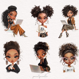 May include: Digital illustration featuring six stylish Black women in various poses. Each figure is depicted with dark curly hair, gold hoop earrings, and fashionable attire, some with laptops. The image has a soft, artistic style with a white background.