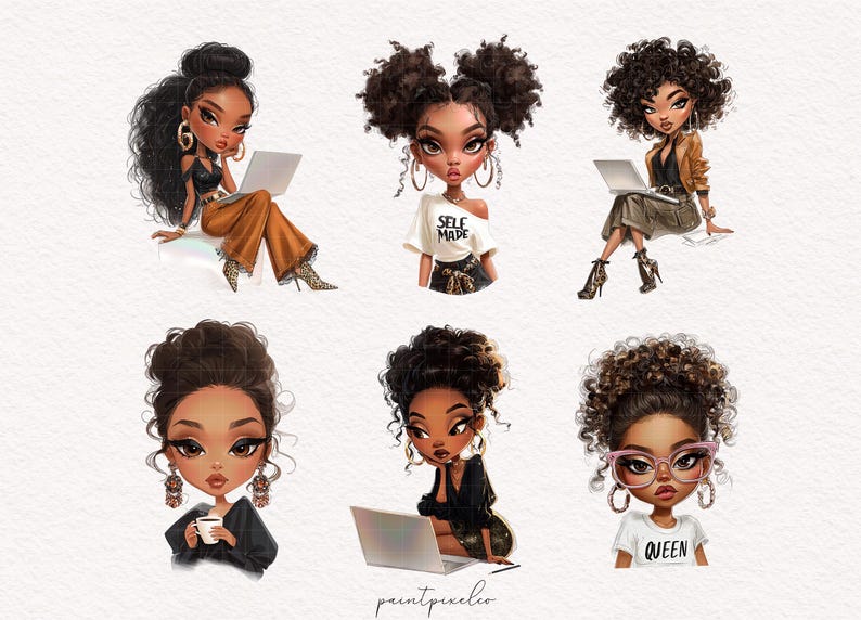 May include: Digital illustration featuring six stylish Black women in various poses. Each figure is depicted with dark curly hair, gold hoop earrings, and fashionable attire, some with laptops. The image has a soft, artistic style with a white background.