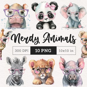 Ensemble PNG d'animaux de safari Animaux de la jungle avec des lunettes Clipart de baby shower, sublimation, décoration de fête, sticker artistique pour chambre d'enfant, usage commercial gratuit