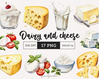 May include: A collection of dairy and cheese products, including mozzarella balls, cream cheese, milk, and various types of cheese. The image features a variety of textures and colors, including white, yellow, and red. The text "Dairy and cheese" is written in black cursive font.