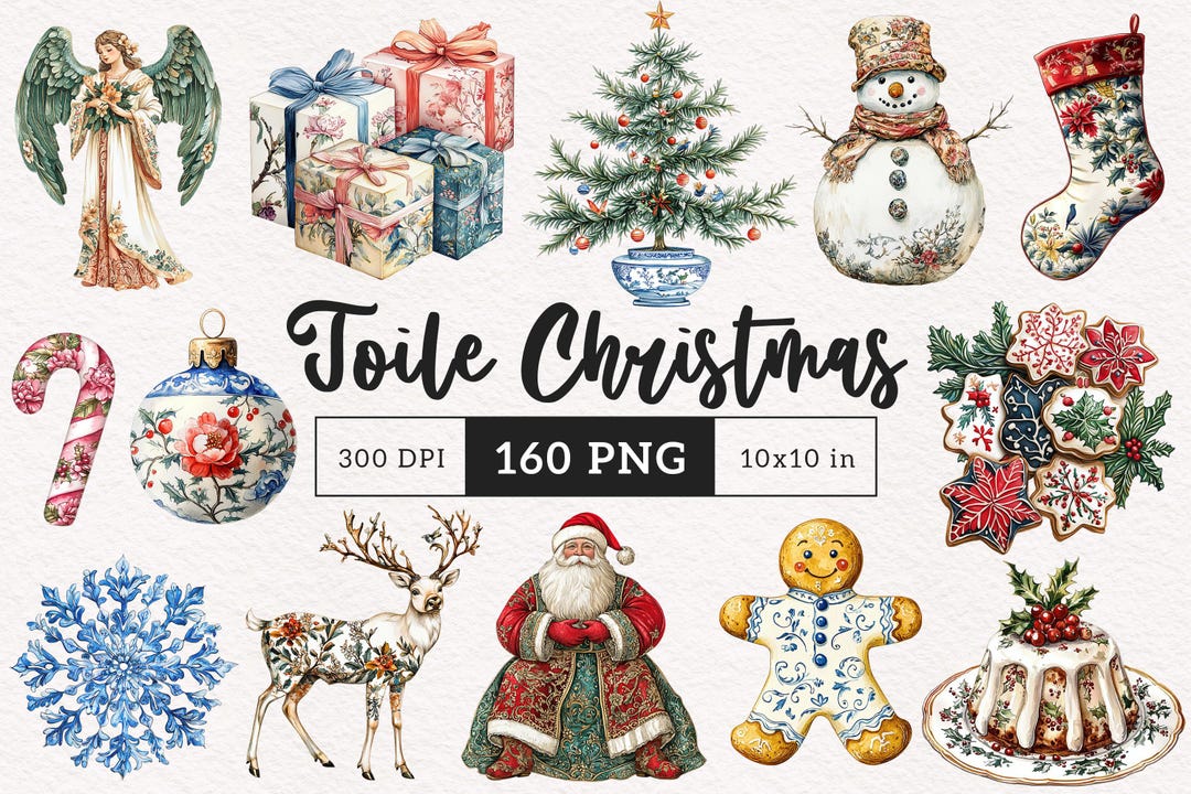 Christmas Toile Clipart Holiday Chinoiserie PNG Winter Toile ...