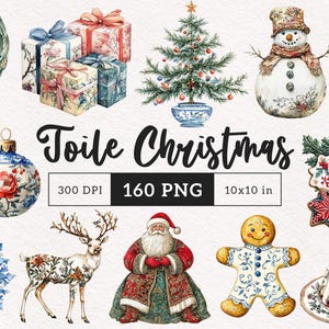 Christmas Toile Clipart Holiday Chinoiserie PNG Winter Toile Sublimation Xmas Gifts Toile Santa Christmas Tree Bauble Junk Journal Reindeer