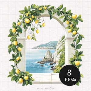 Arche méditerranéenne Clipart rustique bord de mer île grecque PNG vue sur la plage aquarelle Sublimation papier artisanat fabrication de cartes Utilisation commerciale