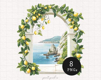 Mediterrane boog Clipart rustiek kust Grieks eiland PNG strandzicht aquarel sublimatie papier ambachtelijke kaarten maken commercieel gebruik
