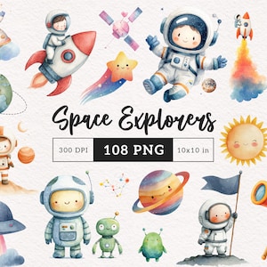 以下が含まれることがあります： 宇宙をテーマにした水彩イラスト。宇宙飛行士、ロケット、惑星、宇宙人などが描かれています。「Space Explorers」というフレーズが黒い筆記体で書かれています。画像には「300 DPI 108 PNG 10x10 in.」というテキストも含まれています。
