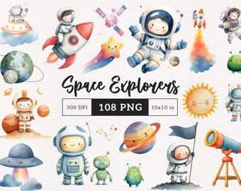 108 Cute Astronaut Clipart Watercolor Space Birthday PNG Planets Rockets Nursery Wall Art Card Making & Invitation graphics Commercial use