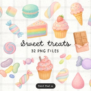 Puede incluir: Ilustración en acuarela de varios dulces, incluyendo una piruleta, macarons, cupcake y caramelos. La imagen presenta golosinas de colores pastel, con el texto "Sweet treats" y "32 PNG FILES".
