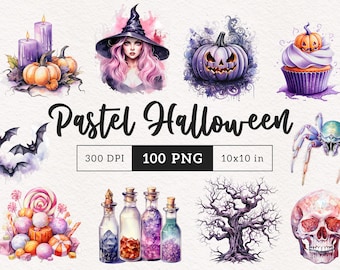 100 Pastel Halloween clipart PNG clip art Místico Acuarela Halloween Sublimación Gato Pastel goth PNG Fantasmas Calabaza Esqueleto espeluznante Bruja