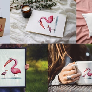 May include: A set of pink flamingo themed products including a mug, pillow, tote bag, and framed print. The flamingo illustration features a large flamingo with a small flamingo beside it.
