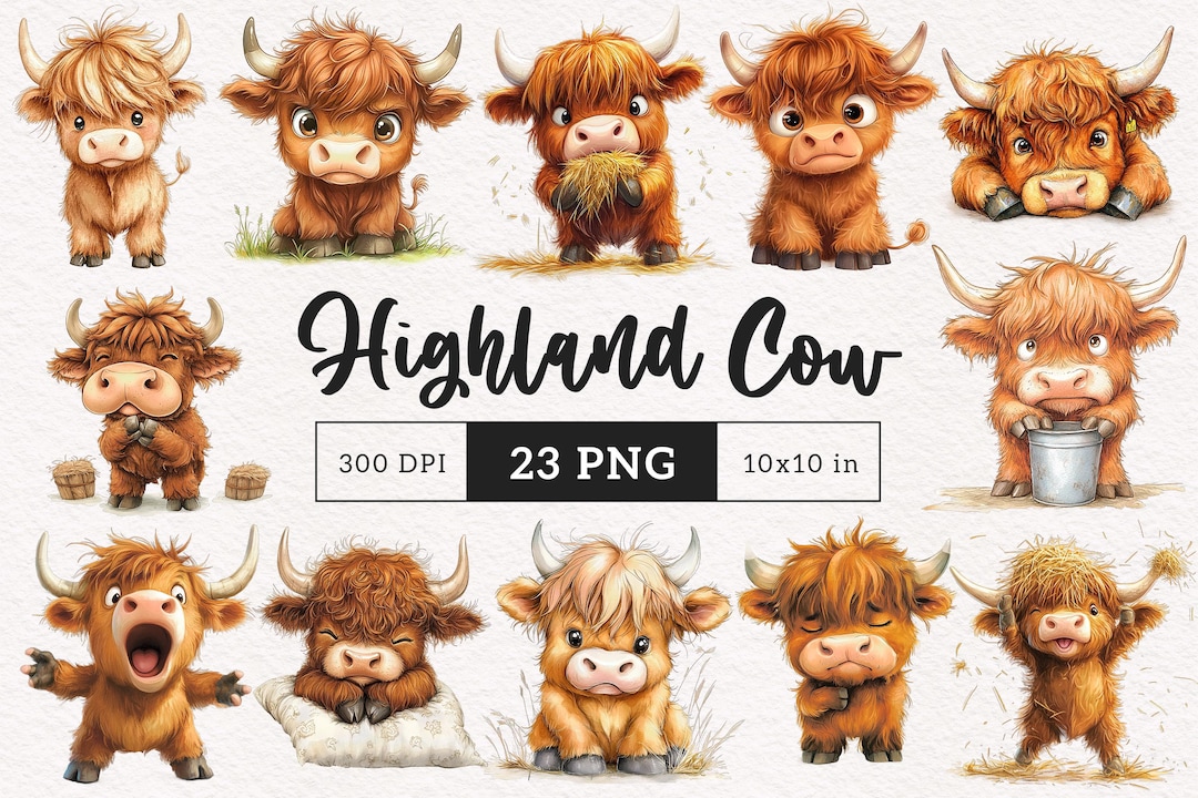 Cute Highland Cow Clipart Baby Cow PNG Whimsical Cow Sublimation Clip ...