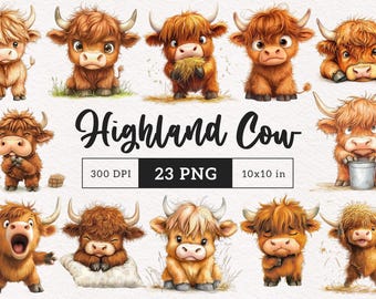 Süße Highland Kuh Clipart, Baby Kuh PNG, wunderliche Kuh Sublimation Clip Art, Tanzende Kuh PNG Grafiken, Schlafende Kuh Illustration Druck