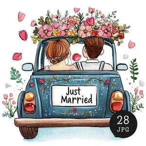 28 Just Married JPG Clipart Samochód Fantazyjny Samochód na wyjazd Para Do Wydrukowania Kreskówka Samochód ślubny Grafika Sublimacja Tworzenie kartek Sztuka mieszanych mediów