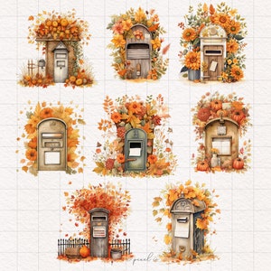 8 Buzón de otoño Clipart Boho Otoño Postbox PNG Acuarela escenas acogedoras Estética Rústico Buzón Junk Journal Scrapbook Sublimación clip art