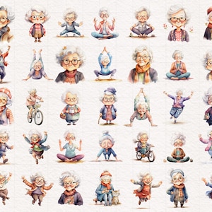 May include: A collection of watercolor illustrations featuring various elderly women in different poses and activities. The women are depicted with gray hair, glasses, and wearing a variety of colorful clothing. Some are holding objects like a cat, a glass of wine, or a book. Others are engaged in activities like riding a bicycle, doing yoga, or simply standing.