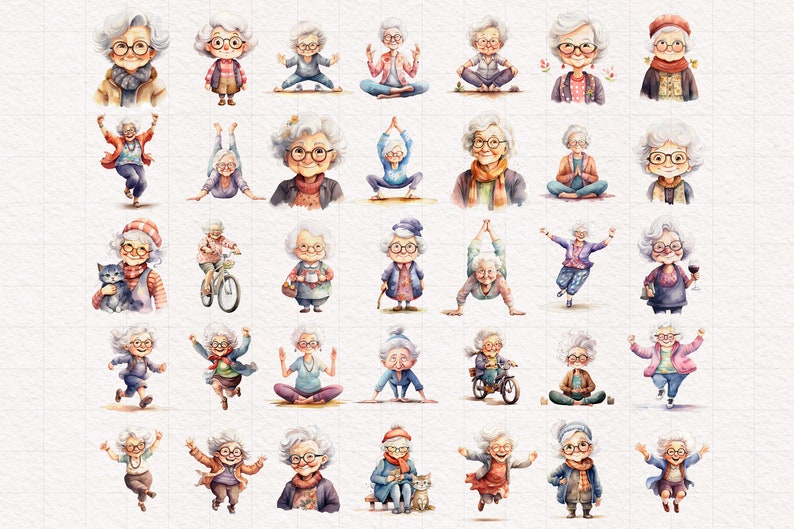 May include: A collection of watercolor illustrations featuring various elderly women in different poses and activities. The women are depicted with gray hair, glasses, and wearing a variety of colorful clothing. Some are holding objects like a cat, a glass of wine, or a book. Others are engaged in activities like riding a bicycle, doing yoga, or simply standing.