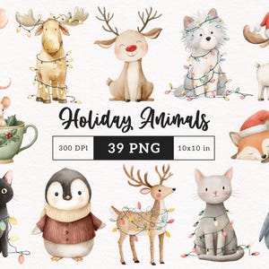 Könnte beinhalten: Aquarellillustrationen verschiedener Urlaubs-Tiere, darunter eine Maus mit Geschenk, ein Elch mit Lichterketten, ein Rentier, ein Husky, ein Fuchs mit Weihnachtsmütze, eine Katze und ein Pinguin. Der Text "Holiday Animals" ist zu sehen.
