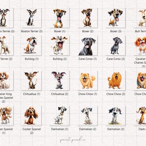May include: A grid of 24 cartoon dog illustrations, each with a different breed name and number. The dogs are all in a playful, cartoon style and are depicted in various poses.