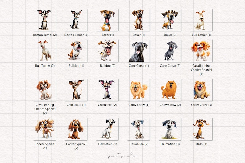 May include: A grid of 24 cartoon dog illustrations, each with a different breed name and number. The dogs are all in a playful, cartoon style and are depicted in various poses.