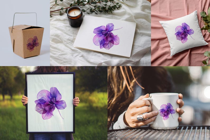 May include: A set of watercolor illustrations featuring a purple flower with delicate petals. The flower is shown on a white background and is available in various formats, including a mug, pillow, and framed print.