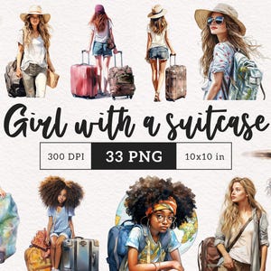 Chica con una maleta clipart Viajes Efímeras Acuarela Vacaciones Maleta Playa clip art PNG Sublimación Equipaje Lindo Ilustración Álbum de recortes