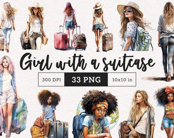 Girl with a suitcase clipart Travel Ephemera Watercolor Vacation Suitcase Beach clip art PNG Sublimation Luggage Cute Illustration Scrapbook