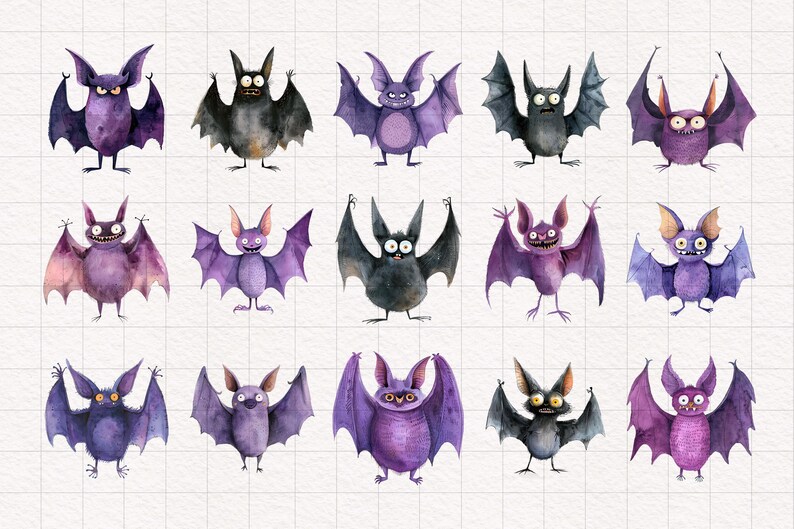 Puede incluir: Un conjunto de 15 ilustraciones de acuarela de murci&eacute;lagos morados y negros con diversas expresiones. Los murci&eacute;lagos est&aacute;n dibujados en un estilo de dibujos animados con ojos grandes y alas.