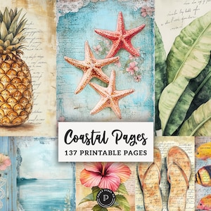 May include: A collage of watercolor illustrations with a coastal theme. Images include a pineapple, starfish, tropical leaves, butterflies, flowers, and fish. The text "Coastal Pages" and "137 Printable Pages" are also visible.