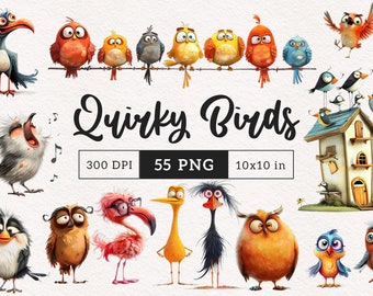 Funny Bird Clipart PNG Quirky Bird Illustrations Whimsical Birds on wire Sublimación clip art gráficos caprichosos caras de pájaros de dibujos animados alargadas