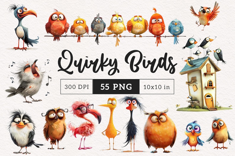 May include: A set of 55 quirky bird illustrations in PNG format, each measuring 10 inches by 10 inches at 300 DPI. The birds are depicted in various poses and expressions, with colorful feathers and unique personalities. The set includes a variety of bird species, such as owls, parrots, and robins.
