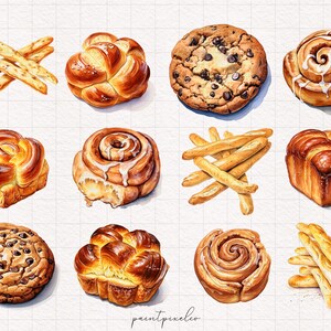 May include: A watercolor illustration of various baked goods, including chocolate chip cookies, cinnamon rolls, bread rolls, and breadsticks. The illustration is on a white background with a grid pattern.