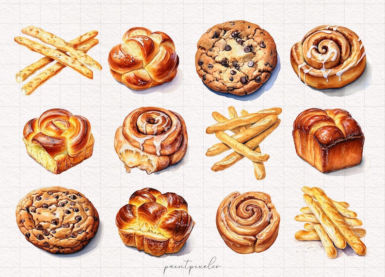 May include: A watercolor illustration of various baked goods, including chocolate chip cookies, cinnamon rolls, bread rolls, and breadsticks. The illustration is on a white background with a grid pattern.