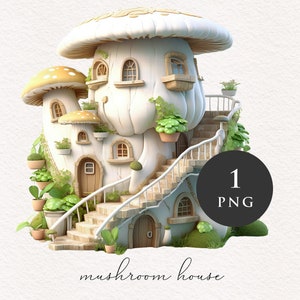 Champignon champignon aquarelle maison PNG clipart blanc Fantasy illustration graphiques Sublimation transfert journal PNGs imprimable conte de fées
