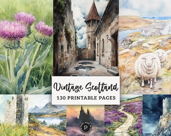 Retro Scotland Junk Journal Pages Vintage highlands Floral Printable Nature Scrapbook Ephemera Digital Backgrounds JPG