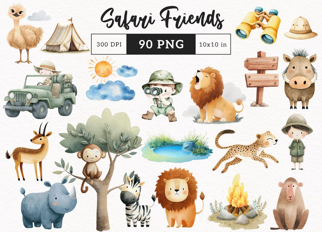 Cute Safari Watercolor Clipart Nursery Animal Baby Shower Jungle ...