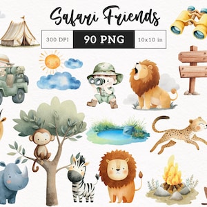 Cute Safari Watercolor Clipart Nursery Animal Baby Shower Jungle Animals Baby Lion Giraffe Birthday Baby Shower Card Making Commercial Use