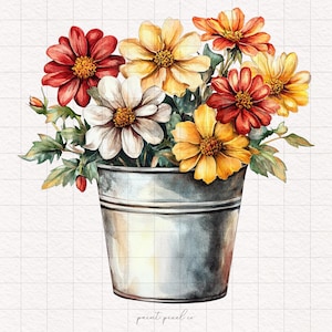 May include: A bouquet of yellow, white, and red flowers in a galvanized metal bucket. The flowers are arranged in a rustic style.