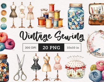 Rustic Sewing PNG Floral Embroidery Clipart Mannequin Watercolor sewing kit Vintage Paper Crafting Junk Journal Kit Printable Scrapbooking