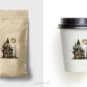 May include: A brown paper bag with a black and white illustration of a spooky haunted house with a full moon and trees. The house has windows with yellow light shining through.