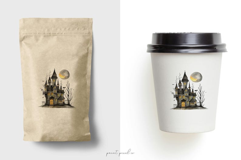May include: A brown paper bag with a black and white illustration of a spooky haunted house with a full moon and trees. The house has windows with yellow light shining through.