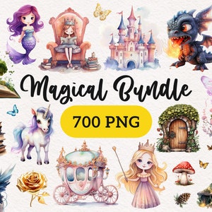 Watercolor Fantasy Clipart Magical Fairytale Childrens books illustration Princess Once upon a time Enchanted Dragon Royal Unicorn graphics