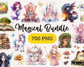 Watercolor Fantasy Clipart Magical Fairytale Childrens books illustration Princess Once upon a time Enchanted Dragon Royal Unicorn graphics