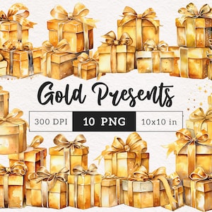 May include: A set of 10 watercolor illustrations of gold gift boxes with bows. The boxes are arranged in various stacks and groupings. The illustrations are perfect for adding a touch of elegance to your holiday designs.