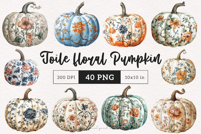 Peut inclure: Plusieurs citrouilles aquarelles avec des motifs floraux bleus, oranges et cr&egrave;me. Les citrouilles ont des tiges vertes et sont d&eacute;cor&eacute;es de fleurs et de feuillages. Le texte "Toile Floral Pumpkin" est &eacute;galement pr&eacute;sent.