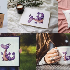 May include: A set of purple dragon illustrations on various products, including a mug, pillow, tote bag, and framed print. The dragon is cartoonish and has a friendly expression.